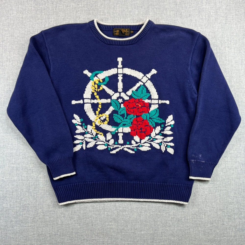 Vintage Eddie Bauer Ship Wheel Sweater Women M Blue Crew Cotton Nautical Coastal